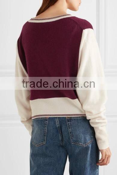 V-Neck Burgandy and Ivory Color Combination Women's Cashmere Sweater in Raglan Sleeves Design