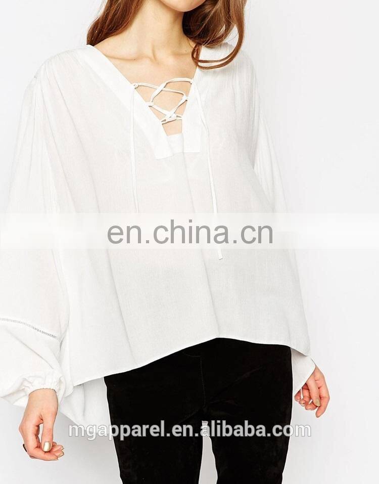 Wholesale Lace Up Folk fashion white long sleeve blouse for women