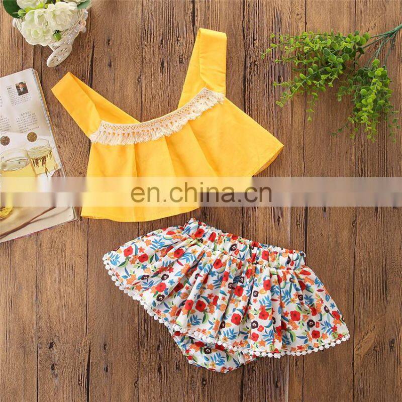 Fashion Baby Sets Lace Yellow Slip Tops And Floral Pants Summer Baby Girl Boutique Outfits