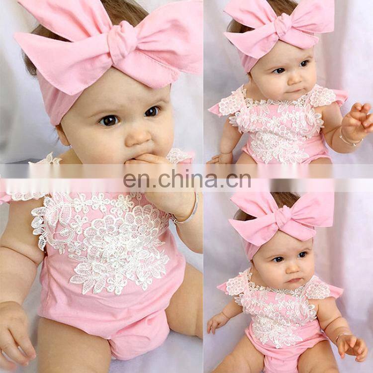 Newly baby girl pink lace flower romper jumpsuit 2 pieces set bow hair band rompers baby suit