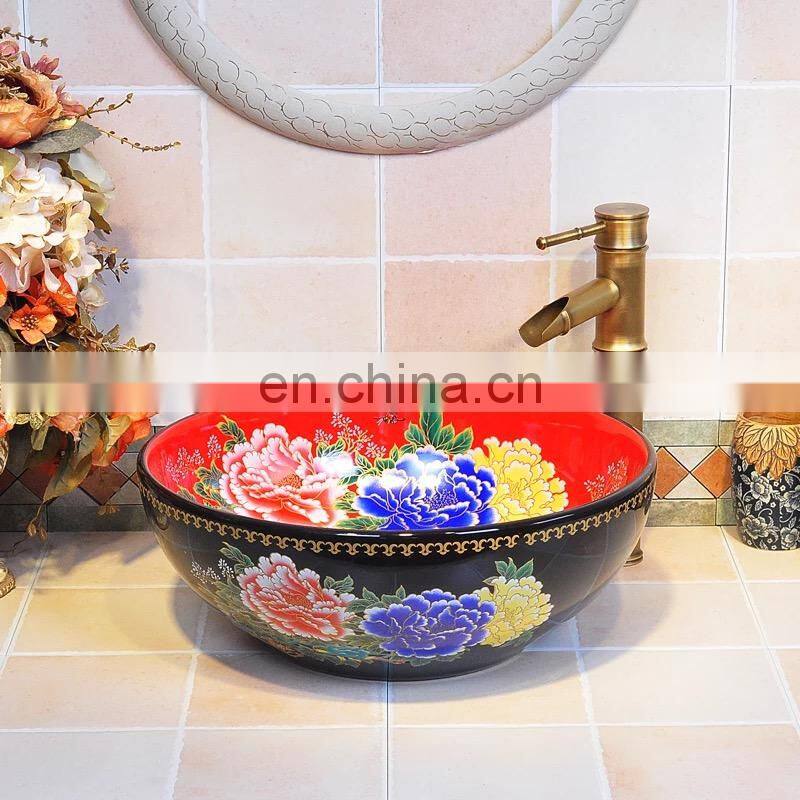 Oriental Hand Painted Pink Ceramic Porcelain Basin Sink For Hotel Toilet