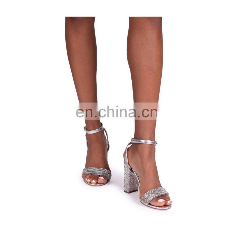Ladies latest design high heels silver diamante embellished block heel women party sandals shoes other colors are available