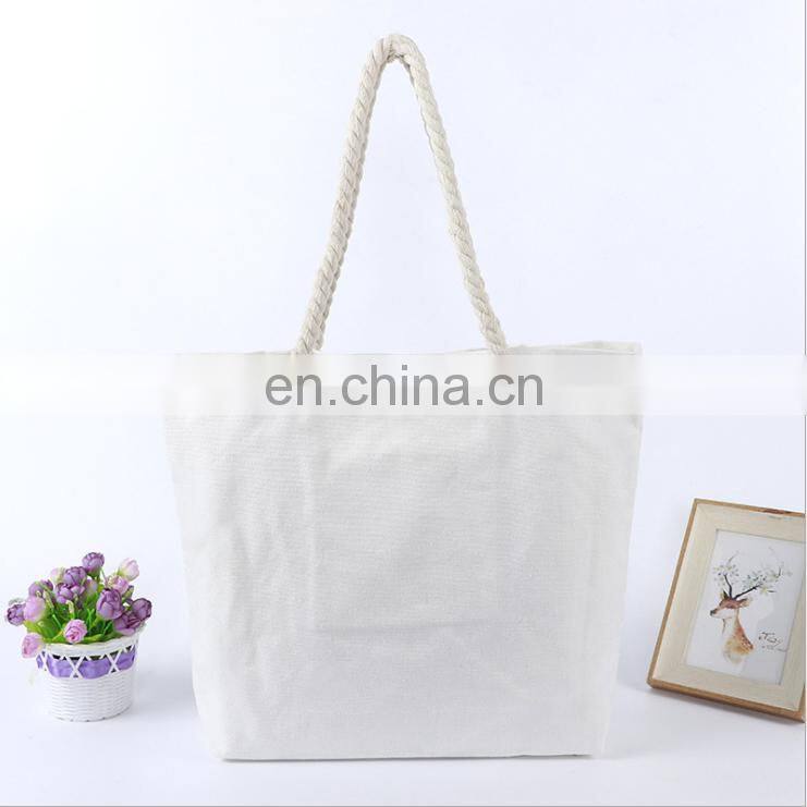 Cotton Bag with Zipper Womens Canvas Rope Handle Shoulder Bag