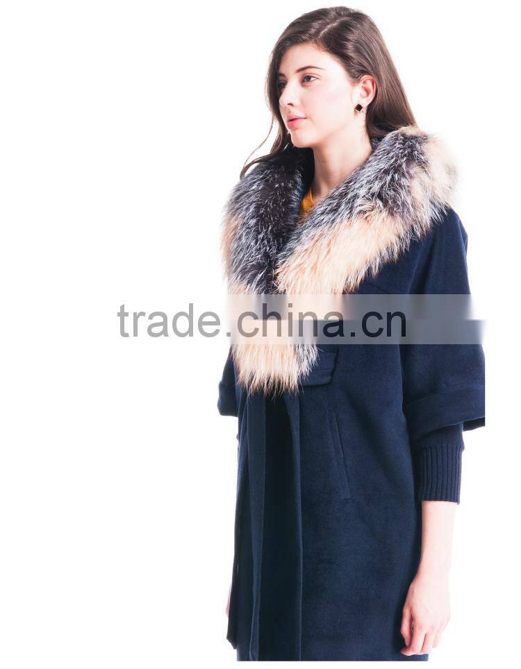 Autumn and winter length seven points women coat with silver fox Fur collar cashmere overcoat