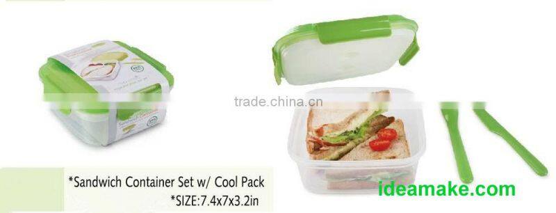 2015 Hot Sale BPA free quality plastic Sandwich Container with removable freezer pack keeps food fresh and cool