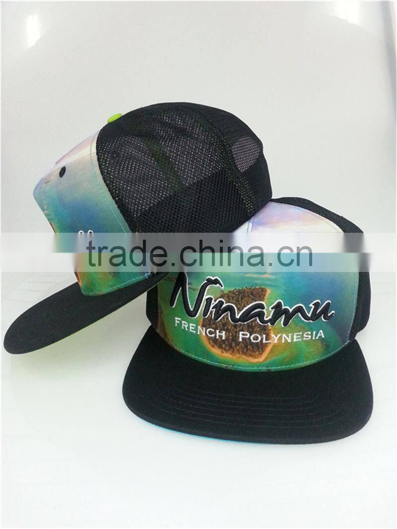 promotional sublimation printed 3d embroidery logo flat brim mesh hat