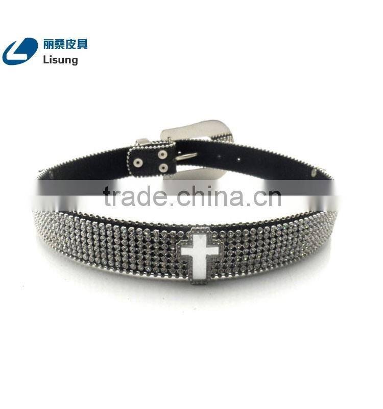 Wholesale Cheap Western Cross Hardware Studded Rhinestone Strap Belt With Flower Buckle Set