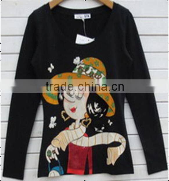 Black t shirt long sleeve womens print t-shirt T006