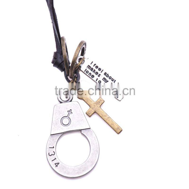 Genuine Leather Necklace with Antique Sliver Handcuff Carved Aphrodite Symbol Pendant.