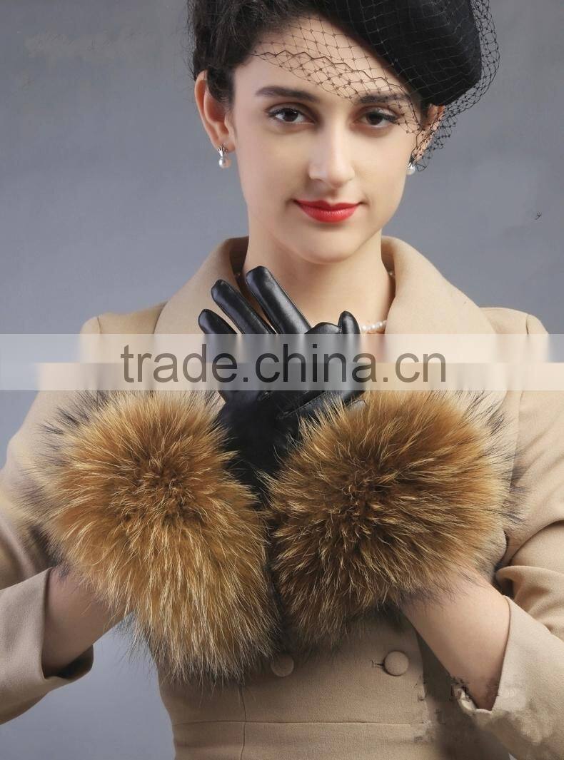 Women Girls Winter Plush Raccoon Fur Leather Mitten Gloves Warm Driving Gift