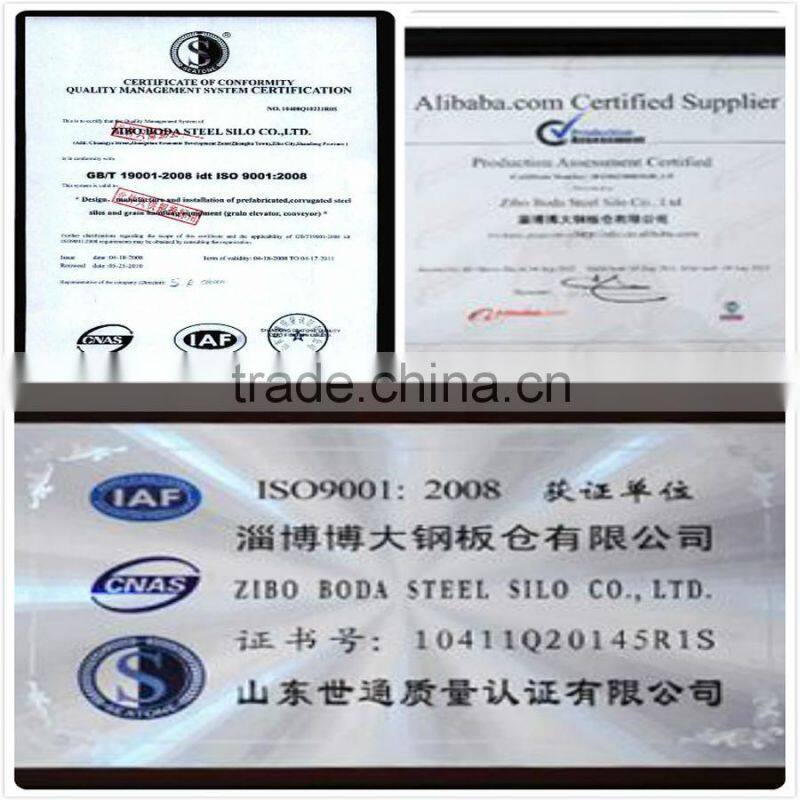 Roof grain scraper / chain conveyor on steel silo with catwalk for supporting