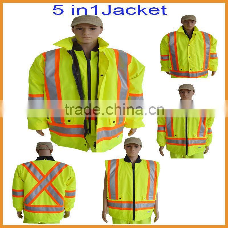 Hi vis reflective safety waterproof work wear 5 in 1 work jacket