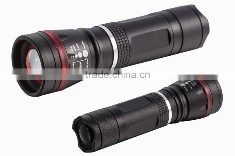 High power led torch light zoom dimmer strong light flashlight with red ring for warning led outdoor light