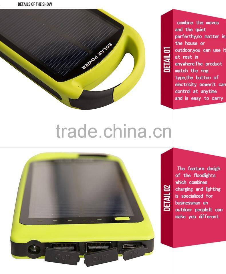 Colorful Water/dirt/shock proof dual usb Portable Solar Power Bank with LED light