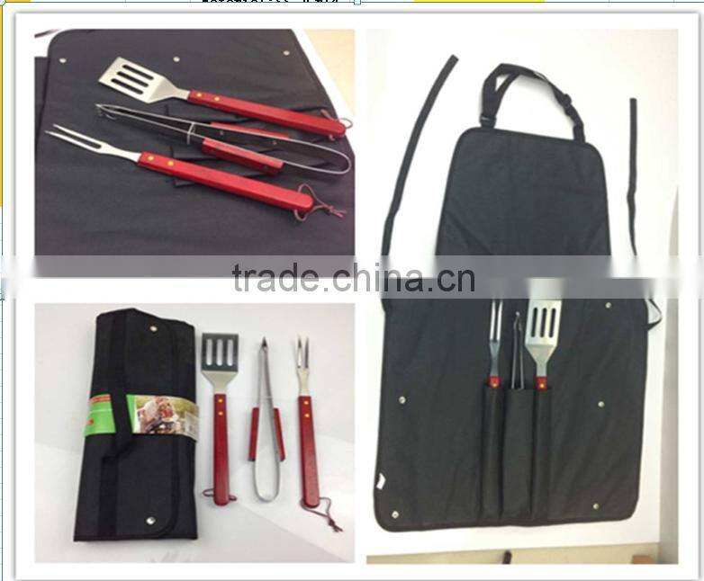 4pcs BBQ Tool set and Stainless Steel with Wooden handle and bbq tool set in apron bag