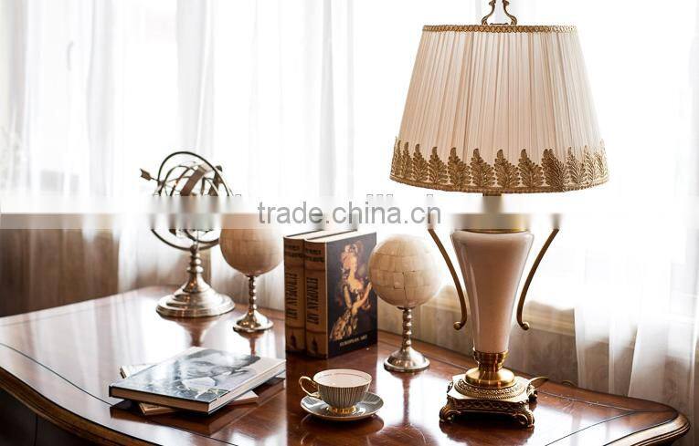 Fabric lampshade jade lamp body brass bottom concise design living room table lamp