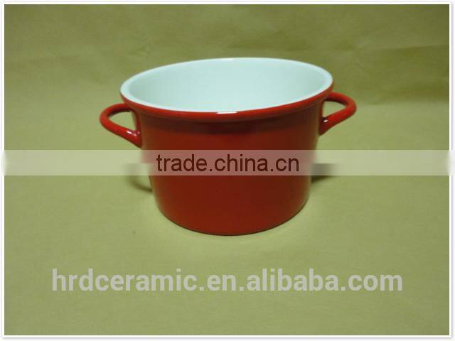 Large colorful two handle porcelain ceramic bowl,white porcelain