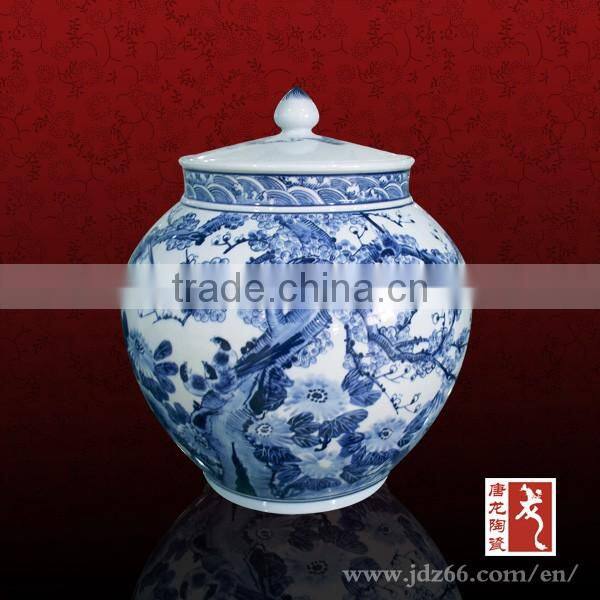 Blue and white porcelain handpainted ceramic rice storage jar for sale