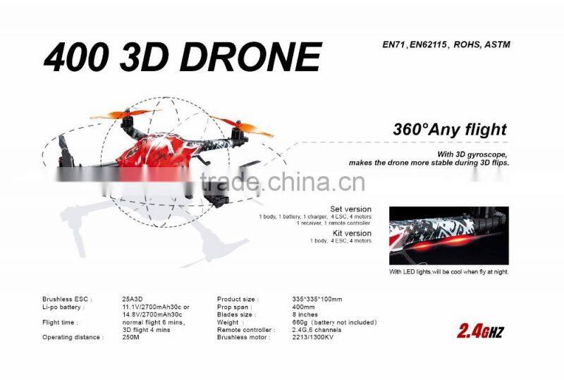 China 2016 new products 6CH 400 3D rolling outdoor Brushless Motor Quadcopter Feilun RC Plane Kit