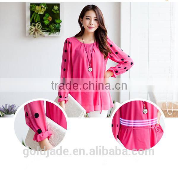 OEM lady sexy loose rose red and black chiffon dot round collar long petal sleeve blouse