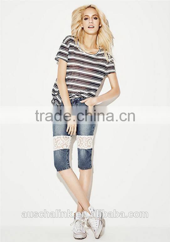 european style popular fashion denim capri lace jeans customized