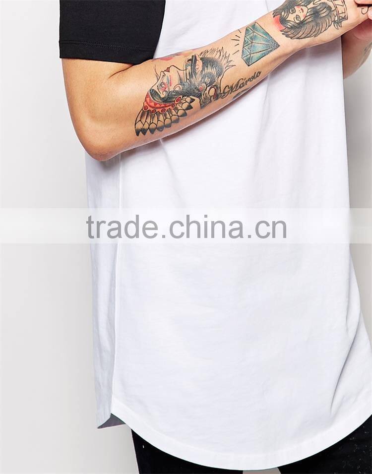 2015 Mens longline t shirt 100% cotton contrast raglan short sleeve super longline t shirt men