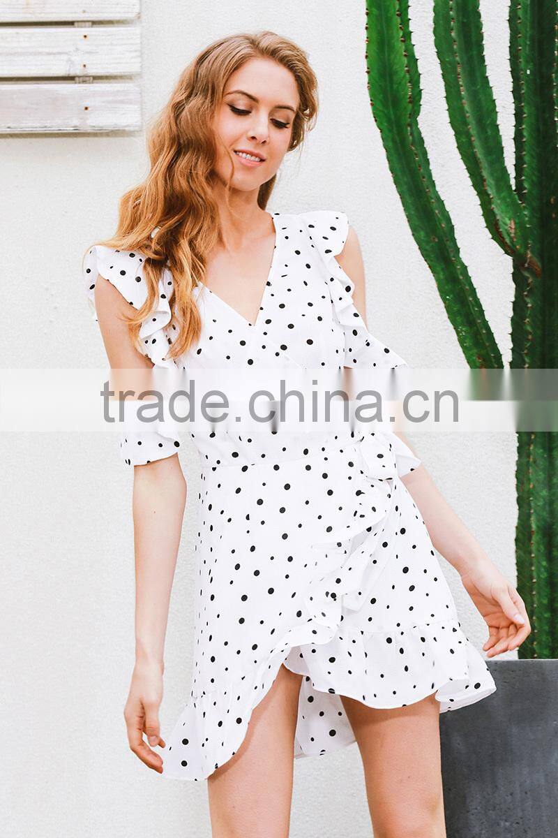 Ruffle cold shoulder polkadot print summer dress Vintage irregular bow wrap short dress Women chic chiffon white dress