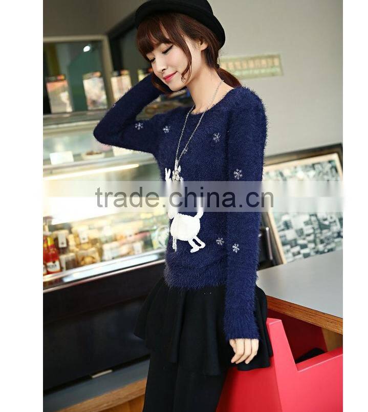 Fashion deer blue long sleeve ugly christmas jumper for women