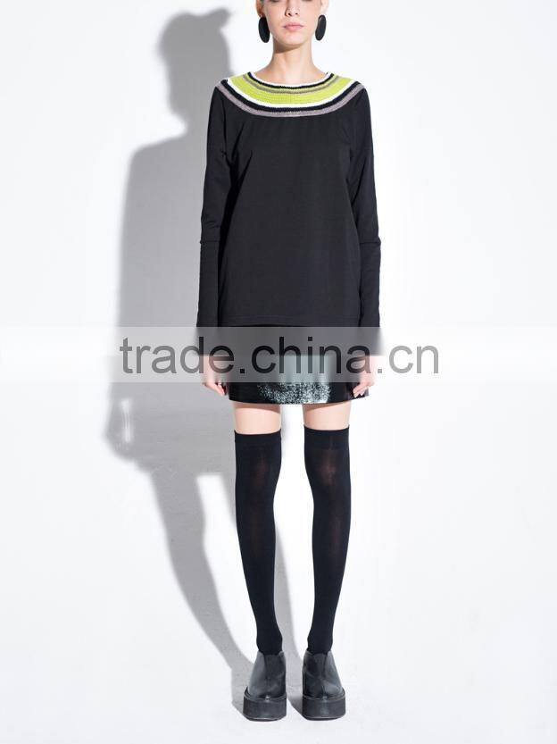 women fashion black casual t-shirts with colorful neckline design