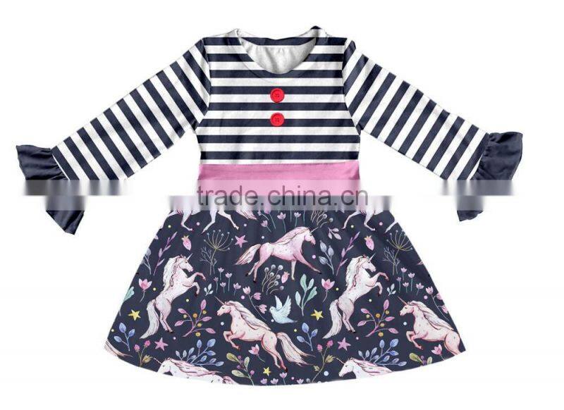 new design kids unicorn print dress remake boutique fall stripe frock design for baby girl