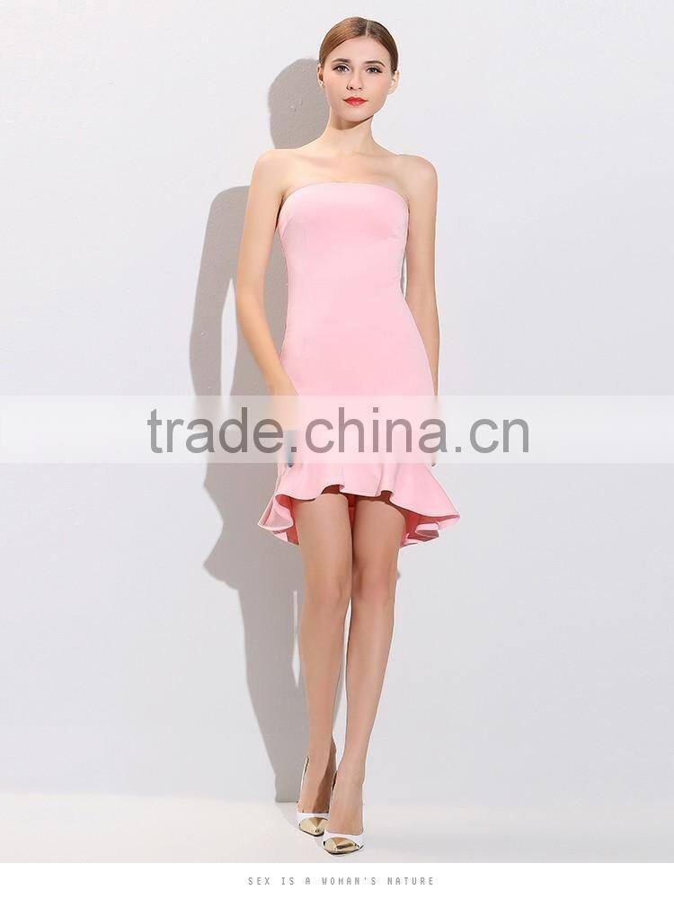 2016 bride summer dress design for strapless,falbala hem sheath ladies evening dress oem service