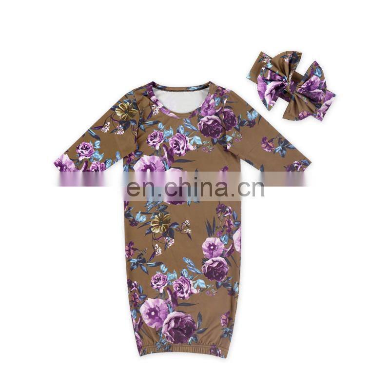Cute floral print infant baby sleeping bag long sleeve children clothing and headband 2pcs sleeping bag baby gown set