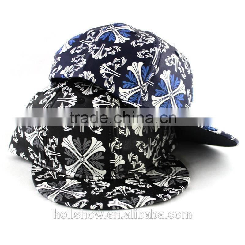 Punk Rock Flower Printed PU Leather Fabric Flat Hiphop Streetdance Cap