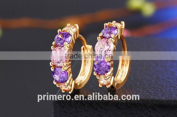 Hot Sell Gold Plated Purple Crystal Jewelry Round Zirconia Design Earrings Chinese