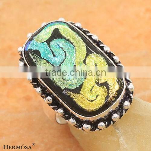Retro Nature Dichroic Glass 925 Sterling Silver Big Stone Rings