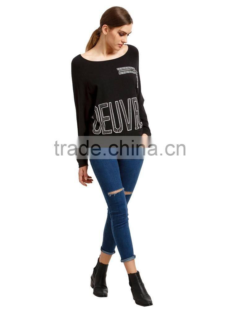 New arrival black loose style batwing sleeve rhinestones sweater