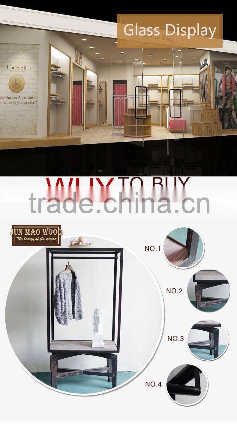 Practical Metal Frame Free Hanging Clothing Display Stand Rack With Wooden Shelf