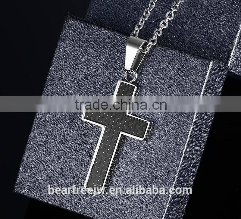 Stainless Steel Carbon Fiber Cross Pendant Necklace High Polished with Free Chain Silver Gold