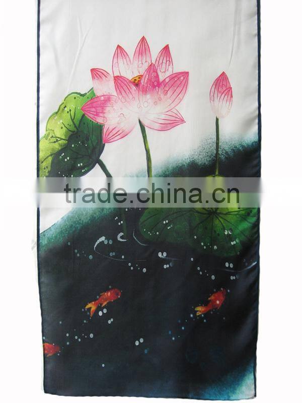 Lotus flower print digital print twill 100% silk long scarf suzhou silk