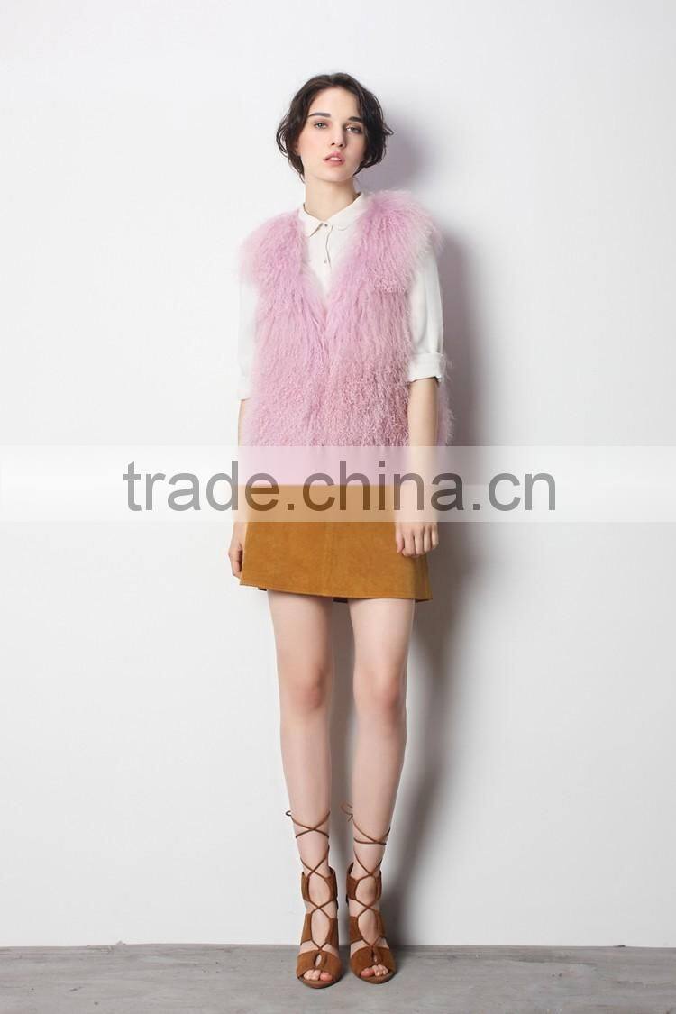 Baby Pink Wholesale Short Tibet Lamb Sheepskin Fur Soft Hair Fur Vest
