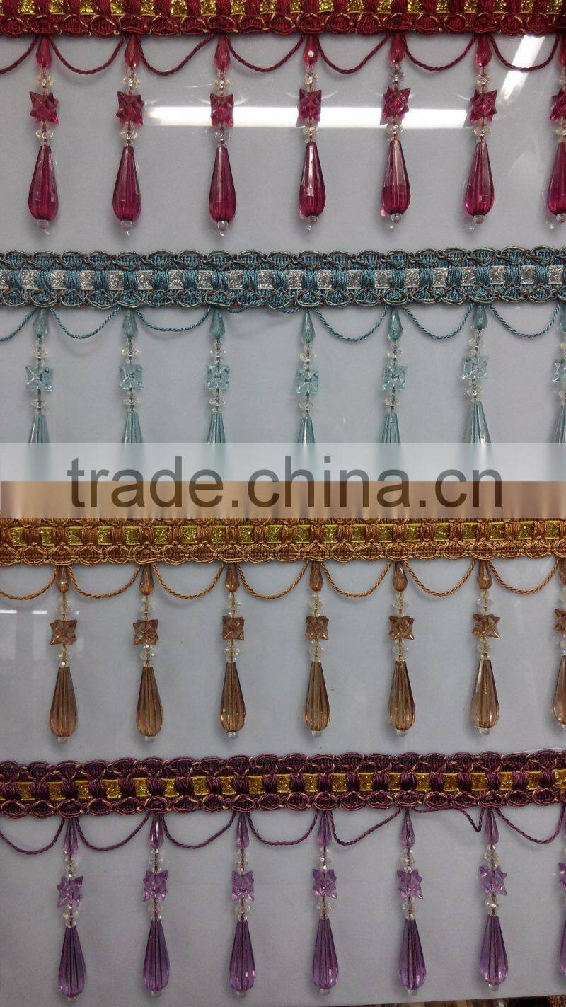 black curtain tassel fringe with beautiful beaded trim,polyester beaded fringe