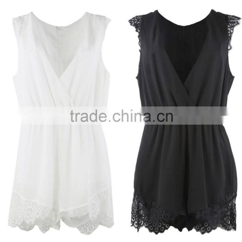 Women's wholesale clothing jumpsuits women, white black jumpsuits with lace insert