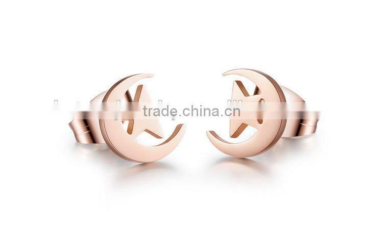 KSTONE 2015 New Fashion Rose Gold Plated Stainless Steel Lovely Moon And Star Stud Earrings