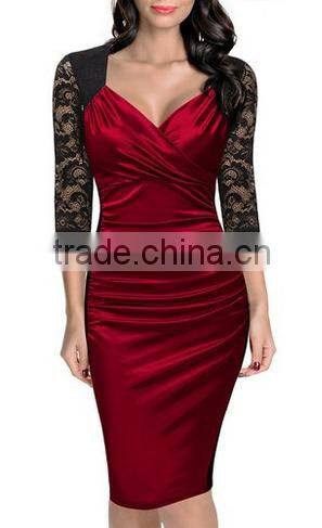 Women's Deep-V Neck Ruffles Floral Lace Fitted Retro Evening Pencil Dress