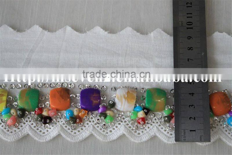 100% cotton water soluble lace trim with colorful beaded design for sale