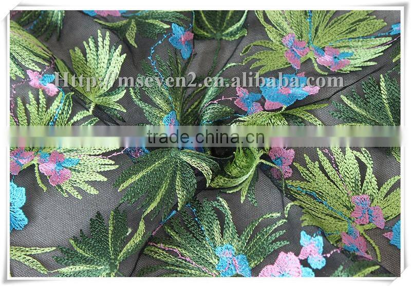 Top fashionable colorful leaves embroidered lace fabric dresses fabrics