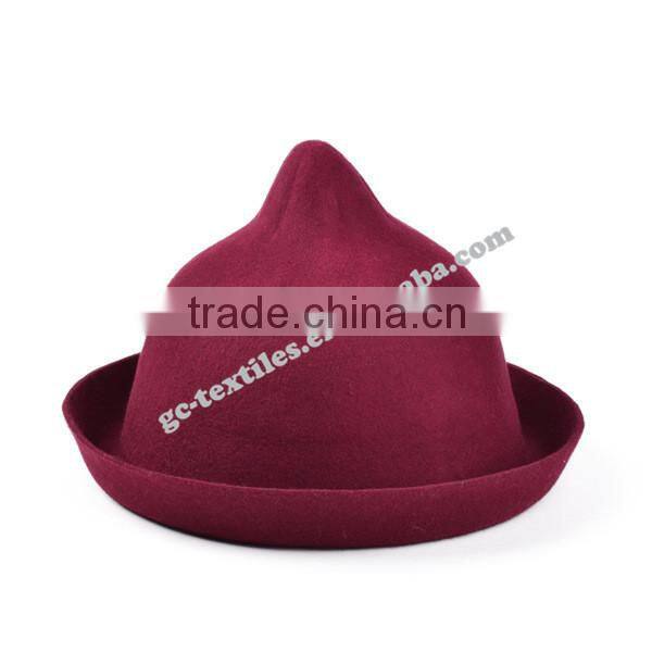 hot new products for 2014 Fall and winter Pointy top curling woolen Fedora ladies hats felt cat ear hat wholesale for men with f