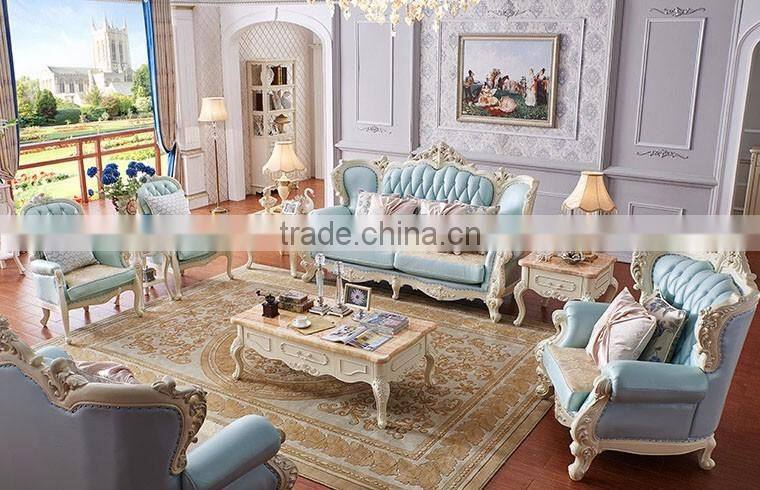French romantic flower carving blue leather sofa set