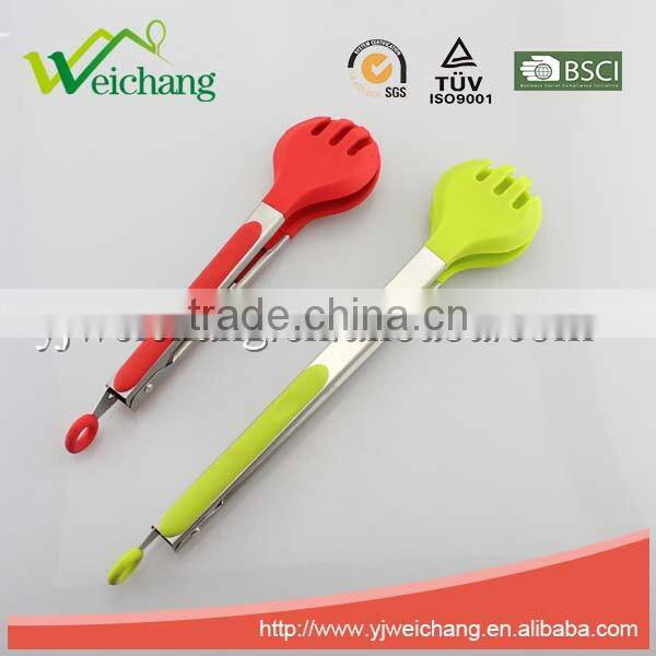 WCE22 Premium Comfort Stainless Steel Locking Kitchen Tongs Food Tong with Silicone Heads, Good Grip and Built In Stand