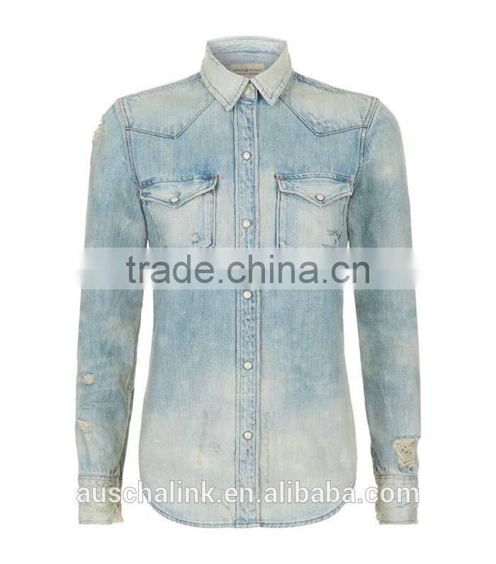 ladies twin chest pocket fashion cotton jeans shirt OEM service